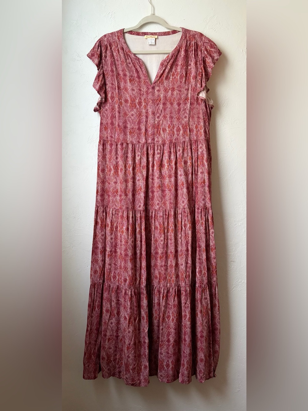 Sweet Magnolia Boho Tiered Maxi Dress Flutter Sleeve Pink XL